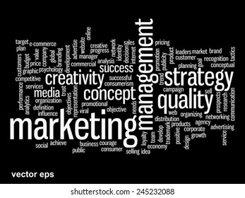 Concepto vectorial o nube conceptual abstracta de palabras sobre fondo negro como metáfora para negocios, tendencias, medios, enfoque, mercado, valor, producto, publicidad o cliente. También para la nube de palabras corporativa