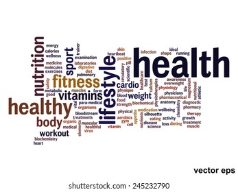 Concepto vectorial o nube de palabras abstracta conceptual sobre fondo blanco como metáfora para la salud, la nutrición, la dieta, el bienestar, el cuerpo, la energía, la medicina, la aptitud física, la medicina, la medicina, el deporte, el corazón o la ciencia
