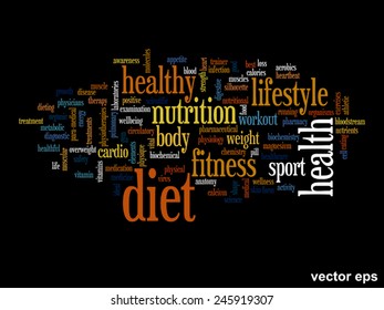 Vector concept or conceptual abstract word cloud on black background as metaphor for health, nutrition, diet, wellness, body, energy, medical, fitness, medical, gym, medicine, sport, heart or science