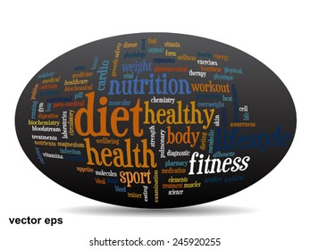 Concepto vectorial o nube de palabras abstracta conceptual sobre fondo negro como metáfora para la salud, la nutrición, la dieta, el bienestar, el cuerpo, la energía, la medicina, la aptitud física, la medicina, la medicina, el deporte, el corazón o la ciencia