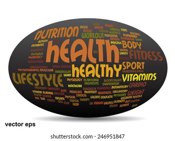 Vector concept or conceptual abstract word cloud on black background as metaphor for health, nutrition, diet, wellness, body, energy, medical, fitness, medical, gym, medicine, sport, heart or science