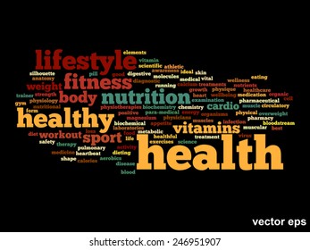 Vector concept or conceptual abstract word cloud on black background as metaphor for health, nutrition, diet, wellness, body, energy, medical, fitness, medical, gym, medicine, sport, heart or science