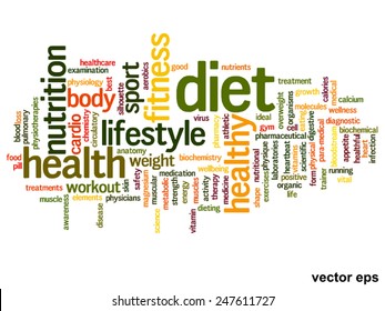 Concepto vectorial o nube de palabras abstracta conceptual sobre fondo blanco como metáfora para la salud, la nutrición, la dieta, el bienestar, el cuerpo, la energía, la medicina, la aptitud física, la medicina, la medicina, el deporte, el corazón o la ciencia
