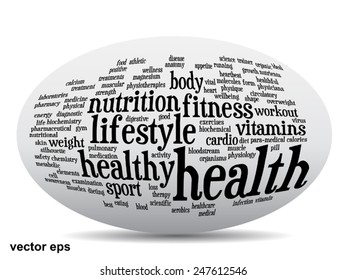 Vector concept or conceptual abstract word cloud on white background as metaphor for health, nutrition, diet, wellness, body, energy, medical, fitness, medical, gym, medicine, sport, heart or science