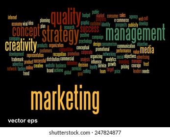 Vector concept or conceptual abstract word cloud on black background as metaphor for business, trend, media, focus, market, value, product, advertising or customer. Also for corporate wordcloud