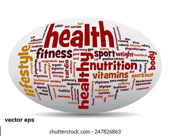 Vektorkonzept oder konzeptuell abstrakte Wortwolke auf weißem Hintergrund als Metapher für Gesundheit, Ernährung, Ernährung, Wellness, Körper, Energie, Medizin, Fitness, Medizin, Medizin, Sport, Herz oder Wissenschaft