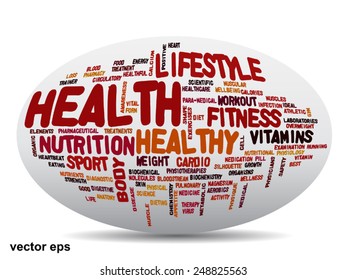 Vektorkonzept oder konzeptuell abstrakte Wortwolke auf weißem Hintergrund als Metapher für Gesundheit, Ernährung, Ernährung, Wellness, Körper, Energie, Medizin, Fitness, Medizin, Medizin, Sport, Herz oder Wissenschaft