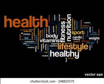 Vector concept or conceptual abstract word cloud on black background as metaphor for health, nutrition, diet, wellness, body, energy, medical, fitness, medical, gym, medicine, sport, heart or science