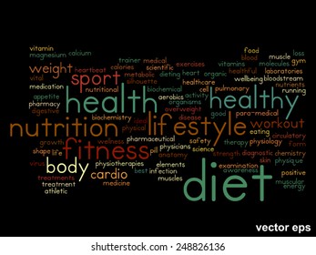 Vector concept or conceptual abstract word cloud on black background as metaphor for health, nutrition, diet, wellness, body, energy, medical, fitness, medical, gym, medicine, sport, heart or science