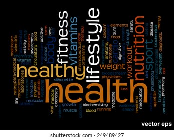 Vector concept or conceptual abstract word cloud on black background as metaphor for health, nutrition, diet, wellness, body, energy, medical, fitness, medical, gym, medicine, sport, heart or science