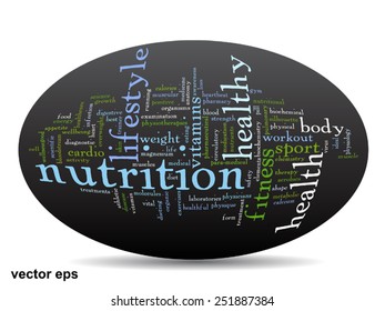 Vektorkonzept oder konzeptuell abstrakte Wortwolke auf schwarzem Hintergrund als Metapher für Gesundheit, Ernährung, Ernährung, Wellness, Körper, Energie, Medizin, Fitness, Medizin, Medizin, Sport, Herz oder Wissenschaft