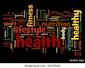 Concepto vectorial o nube de palabras abstracta conceptual sobre fondo negro como metáfora para la salud, la nutrición, la dieta, el bienestar, el cuerpo, la energía, la medicina, la aptitud física, la medicina, la medicina, el deporte, el corazón o la ciencia