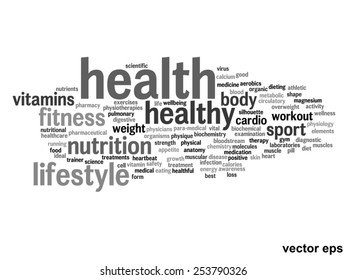 Vector concept or conceptual abstract word cloud on white background as metaphor for health, nutrition, diet, wellness, body, energy, medical, fitness, medical, gym, medicine, sport, heart or science
