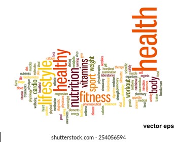 Vector concept or conceptual abstract word cloud on white background as metaphor for health, nutrition, diet, wellness, body, energy, medical, fitness, medical, gym, medicine, sport, heart or science