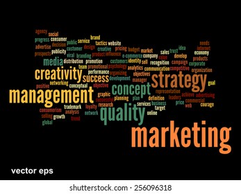 Vektorkonzept oder konzeptuell abstrakte Wortwolke auf schwarzem Hintergrund als Metapher für Unternehmen, Trends, Medien, Fokus, Markt, Wert, Produkt, Werbung oder Kunden. Auch für Corporate WordCloud