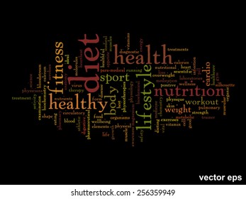 Concepto vectorial o nube de palabras abstracta conceptual sobre fondo negro como metáfora para la salud, la nutrición, la dieta, el bienestar, el cuerpo, la energía, la medicina, la aptitud física, la medicina, la medicina, el deporte, el corazón o la ciencia