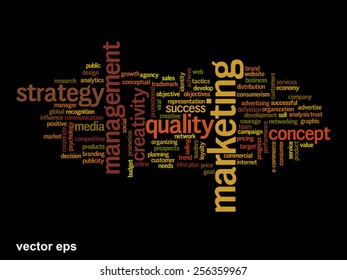 Vektorkonzept oder konzeptuell abstrakte Wortwolke auf schwarzem Hintergrund als Metapher für Unternehmen, Trends, Medien, Fokus, Markt, Wert, Produkt, Werbung oder Kunden. Auch für Corporate WordCloud