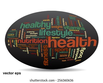 Vector concept or conceptual abstract word cloud on black background as metaphor for health, nutrition, diet, wellness, body, energy, medical, fitness, medical, gym, medicine, sport, heart or science