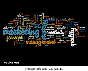 Concepto vectorial o nube conceptual abstracta de palabras sobre fondo negro como metáfora para negocios, tendencias, medios, enfoque, mercado, valor, producto, publicidad o cliente. También para la nube de palabras corporativa