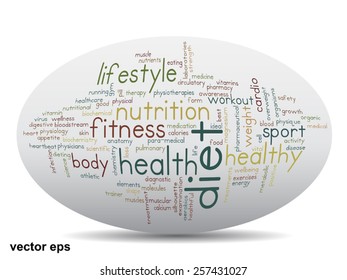 Vector concept or conceptual abstract word cloud on white background as metaphor for health, nutrition, diet, wellness, body, energy, medical, fitness, medical, gym, medicine, sport, heart or science