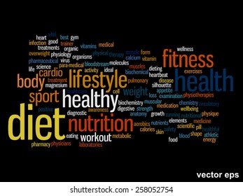 Vector concept or conceptual abstract word cloud on black background as metaphor for health, nutrition, diet, wellness, body, energy, medical, fitness, medical, gym, medicine, sport, heart or science