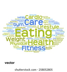 Vector concept or conceptual abstract word cloud on white background as metaphor for health, nutrition, diet, wellness, body, energy, medical, fitness, medical, gym, medicine, sport, heart or science