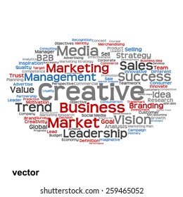 Concepto vectorial o nube conceptual abstracta de palabras sobre fondo blanco como metáfora para negocios, tendencias, medios, enfoque, mercado, valor, producto, publicidad o cliente. También para la nube de palabras corporativa