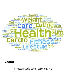 Vector concept or conceptual abstract word cloud on white background as metaphor for health, nutrition, diet, wellness, body, energy, medical, fitness, medical, gym, medicine, sport, heart or science