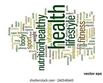 Vector concept or conceptual abstract word cloud on white background as metaphor for health, nutrition, diet, wellness, body, energy, medical, fitness, medical, gym, medicine, sport, heart or science