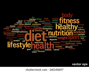 Vector concept or conceptual abstract word cloud on black background as metaphor for health, nutrition, diet, wellness, body, energy, medical, fitness, medical, gym, medicine, sport, heart or science