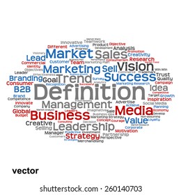 Vektorkonzept oder konzeptuell abstrakte Wortwolke auf weißem Hintergrund als Metapher für Unternehmen, Trends, Medien, Fokus, Markt, Wert, Produkt, Werbung oder Kunden. Auch für Corporate WordCloud