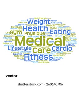 Vector concept or conceptual abstract word cloud on white background as metaphor for health, nutrition, diet, wellness, body, energy, medical, fitness, medical, gym, medicine, sport, heart or science