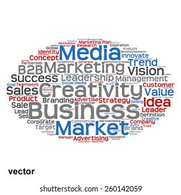 Vektorkonzept oder konzeptuell abstrakte Wortwolke auf weißem Hintergrund als Metapher für Unternehmen, Trends, Medien, Fokus, Markt, Wert, Produkt, Werbung oder Kunden. Auch für Corporate WordCloud