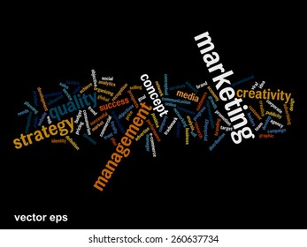Vector concept or conceptual abstract word cloud on black background as metaphor for business, trend, media, focus, market, value, product, advertising or customer. Also for corporate wordcloud