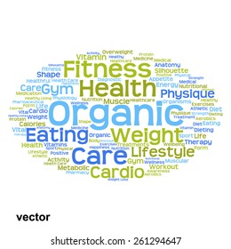 Vektorkonzept oder konzeptuell abstrakte Wortwolke auf weißem Hintergrund als Metapher für Gesundheit, Ernährung, Ernährung, Wellness, Körper, Energie, Medizin, Fitness, Medizin, Medizin, Sport, Herz oder Wissenschaft