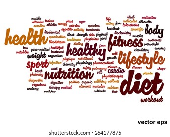 Vector concept or conceptual abstract word cloud on white background as metaphor for health, nutrition, diet, wellness, body, energy, medical, fitness, medical, gym, medicine, sport, heart or science