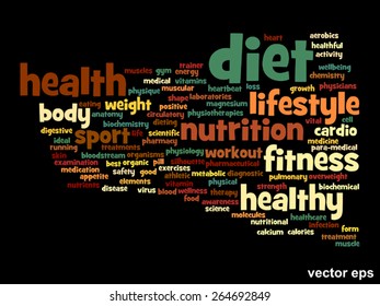 Concepto vectorial o nube de palabras abstracta conceptual sobre fondo negro como metáfora para la salud, la nutrición, la dieta, el bienestar, el cuerpo, la energía, la medicina, la aptitud física, la medicina, la medicina, el deporte, el corazón o la ciencia