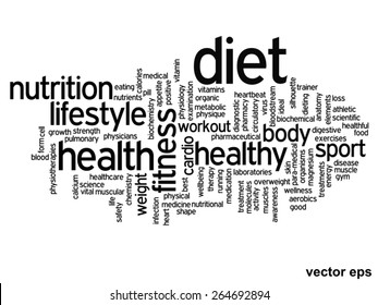 Concepto vectorial o nube de palabras abstracta conceptual sobre fondo blanco como metáfora para la salud, la nutrición, la dieta, el bienestar, el cuerpo, la energía, la medicina, la aptitud física, la medicina, la medicina, el deporte, el corazón o la ciencia