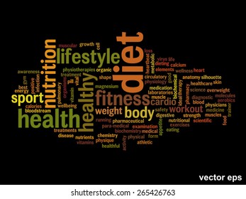 Concepto vectorial o nube de palabras abstracta conceptual sobre fondo negro como metáfora para la salud, la nutrición, la dieta, el bienestar, el cuerpo, la energía, la medicina, la aptitud física, la medicina, la medicina, el deporte, el corazón o la ciencia