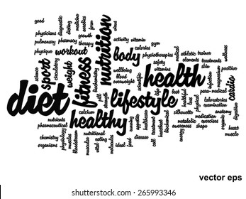 Vektorkonzept oder konzeptuell abstrakte Wortwolke auf weißem Hintergrund als Metapher für Gesundheit, Ernährung, Ernährung, Wellness, Körper, Energie, Medizin, Fitness, Medizin, Medizin, Sport, Herz oder Wissenschaft