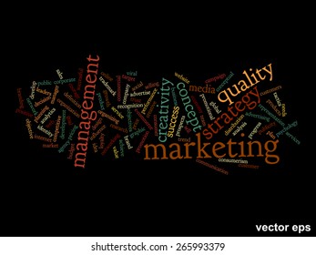 Vektorkonzept oder konzeptuell abstrakte Wortwolke auf schwarzem Hintergrund als Metapher für Unternehmen, Trends, Medien, Fokus, Markt, Wert, Produkt, Werbung oder Kunden. Auch für Corporate WordCloud
