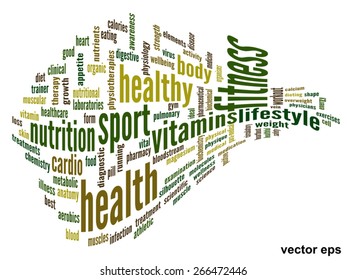 Concepto vectorial o nube de palabras abstracta conceptual sobre fondo blanco como metáfora para la salud, la nutrición, la dieta, el bienestar, el cuerpo, la energía, la medicina, la aptitud física, la medicina, la medicina, el deporte, el corazón o la ciencia