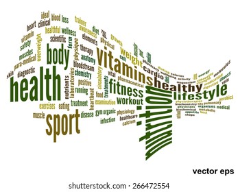 Vector concept or conceptual abstract word cloud on white background as metaphor for health, nutrition, diet, wellness, body, energy, medical, fitness, medical, gym, medicine, sport, heart or science
