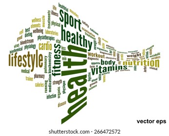 Vector concept or conceptual abstract word cloud on white background as metaphor for health, nutrition, diet, wellness, body, energy, medical, fitness, medical, gym, medicine, sport, heart or science
