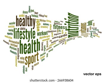 Concepto vectorial o nube de palabras abstracta conceptual sobre fondo blanco como metáfora para la salud, la nutrición, la dieta, el bienestar, el cuerpo, la energía, la medicina, la aptitud física, la medicina, la medicina, el deporte, el corazón o la ciencia
