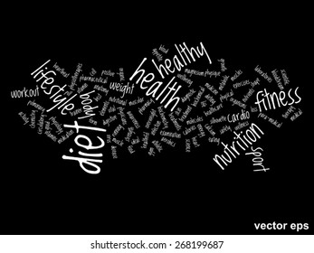 Vector concept or conceptual abstract word cloud on black background as metaphor for health, nutrition, diet, wellness, body, energy, medical, fitness, medical, gym, medicine, sport, heart or science