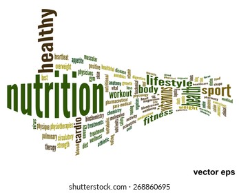 Concepto vectorial o nube de palabras abstracta conceptual sobre fondo blanco como metáfora para la salud, la nutrición, la dieta, el bienestar, el cuerpo, la energía, la medicina, la aptitud física, la medicina, la medicina, el deporte, el corazón o la ciencia