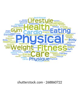 Concepto vectorial o nube de palabras abstracta conceptual sobre fondo blanco como metáfora para la salud, la nutrición, la dieta, el bienestar, el cuerpo, la energía, la medicina, la aptitud física, la medicina, la medicina, el deporte, el corazón o la ciencia