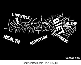 Vector concept or conceptual abstract word cloud on black background as metaphor for health, nutrition, diet, wellness, body, energy, medical, fitness, medical, gym, medicine, sport, heart or science