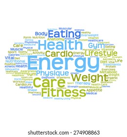 Vector concept or conceptual abstract word cloud on white background as metaphor for health, nutrition, diet, wellness, body, energy, medical, fitness, medical, gym, medicine, sport, heart or science